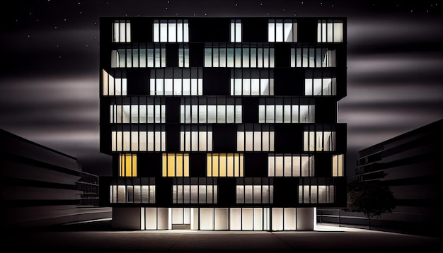 Современное здание ярко сияет на фоне генеративного ИИ ночного неба