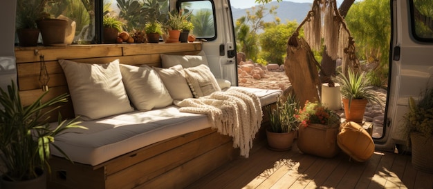 Free photo modern camper van interior with pillows on the terrace