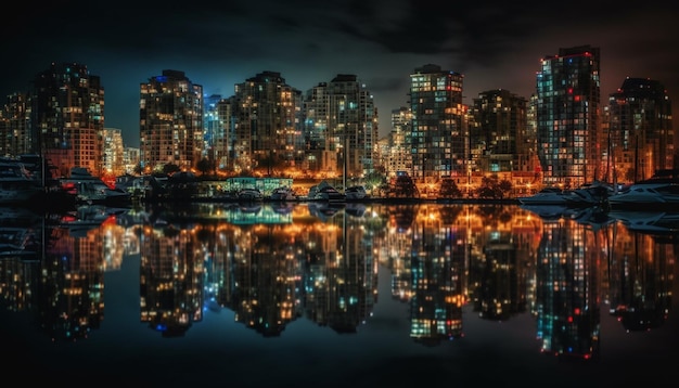 Free photo modern city skyline reflects in waterfront at dusk generated by ai