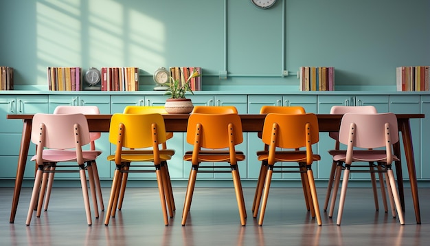 Foto gratuita aula moderna con scrivanie e sedie in legno vuote per l'apprendimento generato dall'intelligenza artificiale