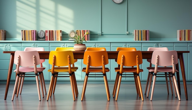 Free photo modern classroom with wooden desks and chairs empty for learning generated by artificial intelligence