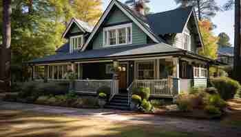 Free photo modern cottage with green roof surrounded by autumn forest landscape generated by artificial intelligence