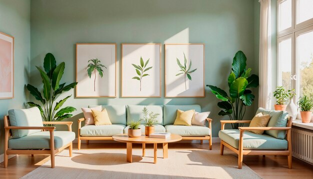 Modern and cozy living room with botanical art and natural light