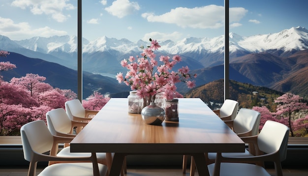 Foto gratuita design moderno con pavimento in legno vista montagna dal balcone generato dall'intelligenza artificiale