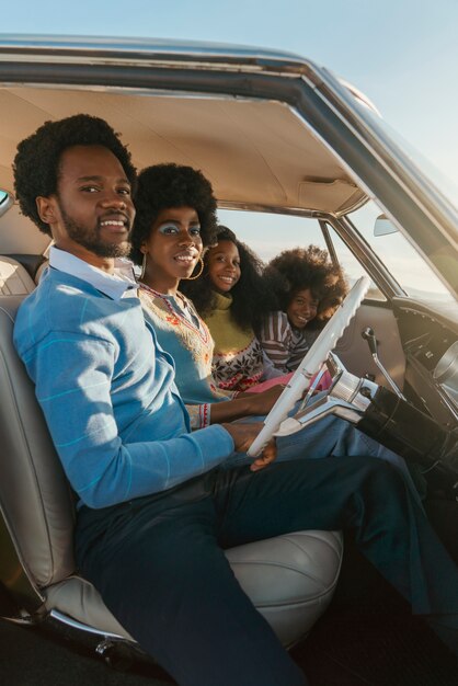 Modern family in retro style spending time together