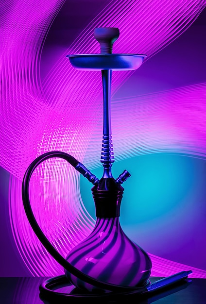 Modern hookah on colorful background. Eastern smokable water pipe smoking. Hookah with black rubber tube and blue and white flask on interesting colorful background. Still life.