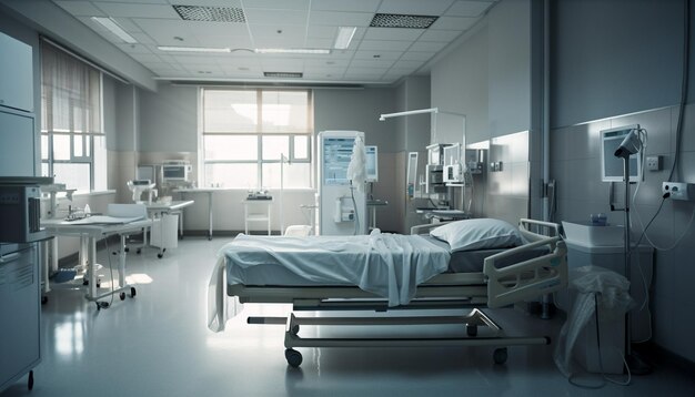 AIによって生成された空のベッドと椅子のあるモダンな病室