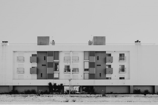 Modern house with balconies and windows in black and white with plants and trees in front