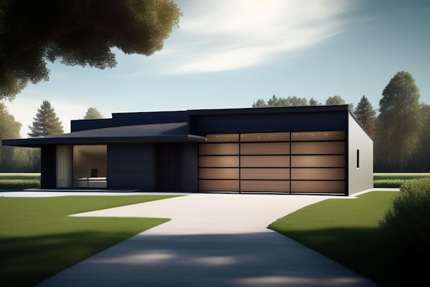 Una casa moderna con un esterno nero e una grande porta del garage.