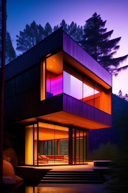 A modern house with a bright orange glow is lit up at night.