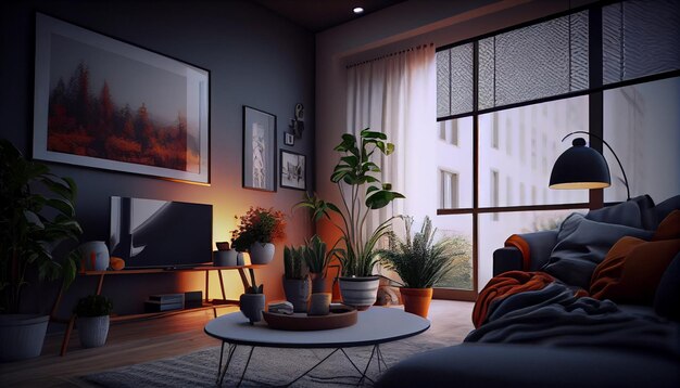 Modern indoor living room with comfortable sofa generative AI