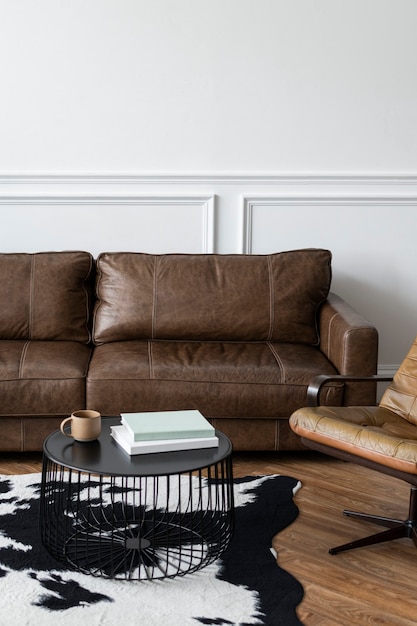 Free photo modern industrial luxury style living room interior with leather couch and a coffee table