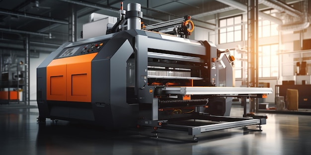 Free photo modern industrial printer with vibrant orange elements showcasing the sleek machinery in a welllit factory setting