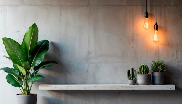 Modern interior with plants, shelf and warm lighting