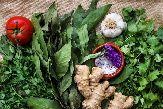 Modern kitchen composition with healthy ingredients