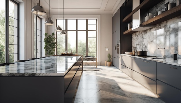 Foto gratuita elettrodomestici in acciaio con isola in marmo dal design moderno della cucina luminosi e confortevoli generati da ai