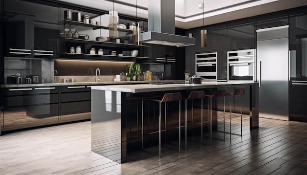 Modern kitchen design with stainless steel appliances and marble flooring generated by AI