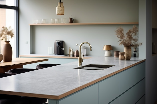 Modern kitchen with contemporary interior decor and furnishings