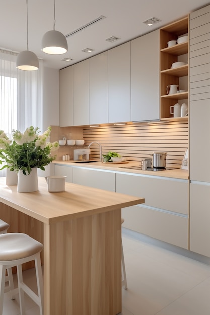 Free photo modern kitchen with contemporary interior decor and furnishings