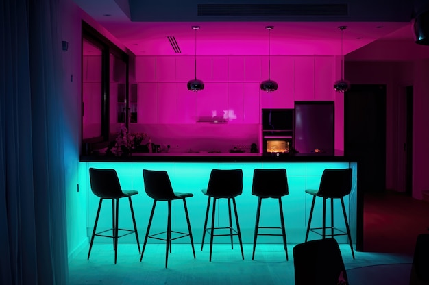 Free photo modern kitchen with pink and red lights