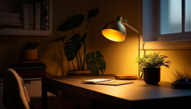 Современная лампа освещает темное пространство домашнего офиса, созданное искусственным интеллектом