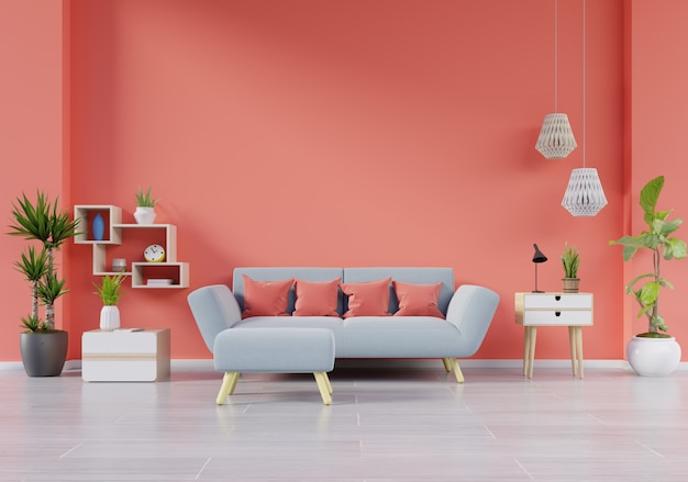 Modern living room interior with sofa and green plants