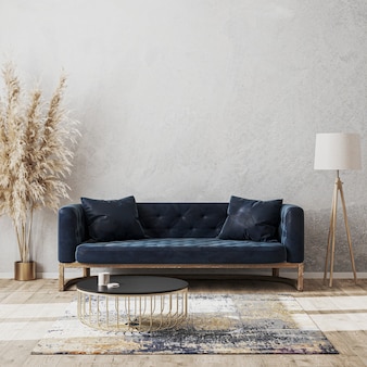 Роскошный дизайн интерьера современной гостиной с темно-синим диваном