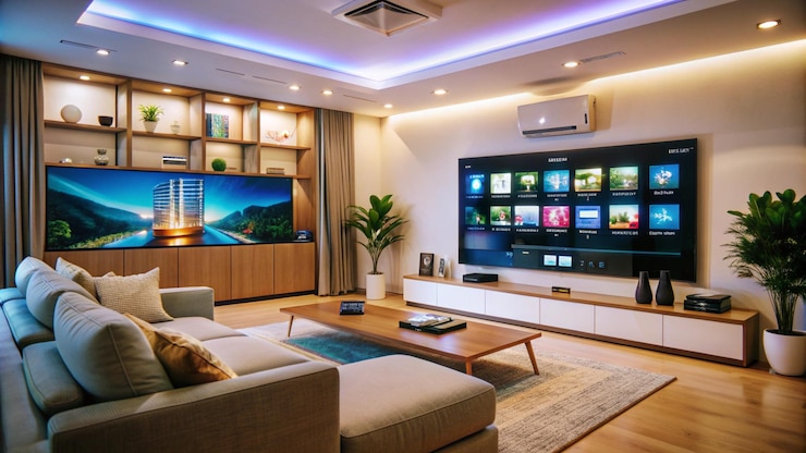 Free Photo modern living room with large tv couch and plants