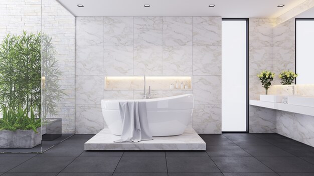 Premium Photo | Modern luxury bathroom design,white room,white bathtub on  marble wall ,3d render