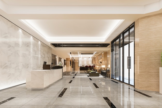 Moderno hotel di lusso e reception dell'ufficio e lounge con sala riunioni