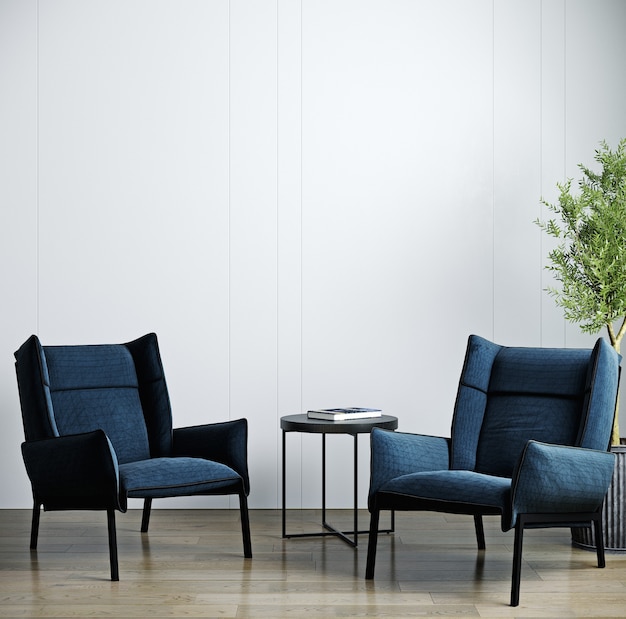 Modern luxury living room interior, dark blue armchair on wooden floor, empty white wall