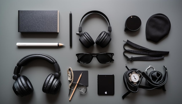 Free photo modern man tech collection on wooden desk headphones sunglasses smartphone generated by ai