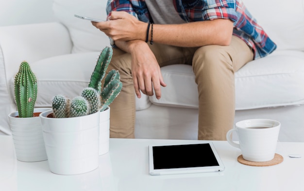 Modern man with smartphone on couch