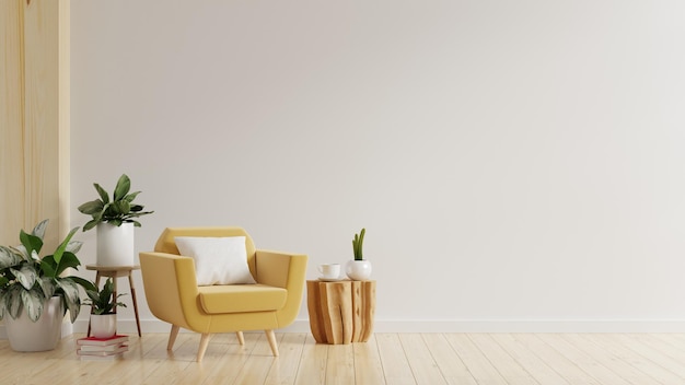 빈 흰색 wall.3d 렌더링에 노란색 안락의자가 있는 현대적인 미니멀리즘 인테리어