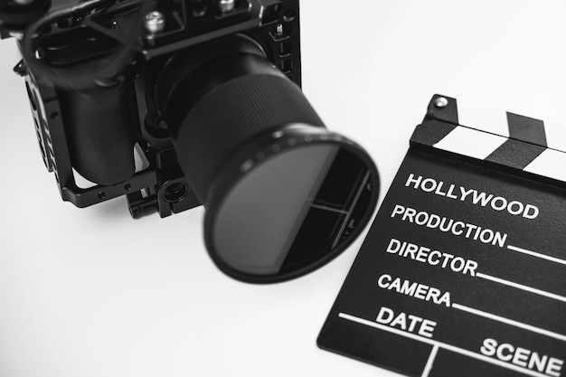 Modern mirrorless camera rig and clapperboard for video recording