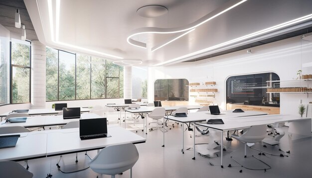 AI によって生成されたコンピューター テクノロジの成功によるモダンなオフィス デザイン