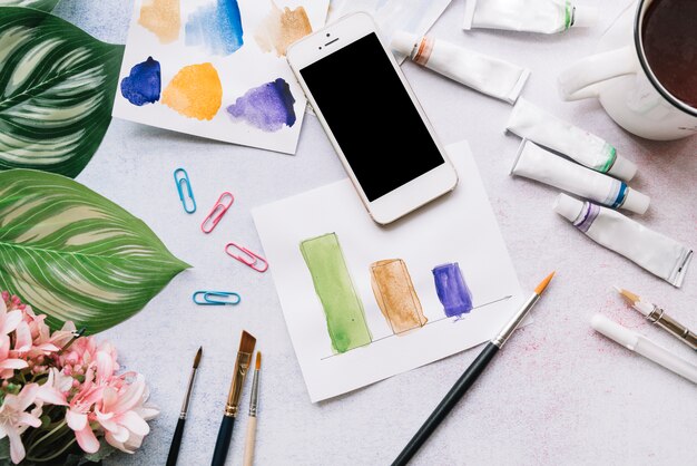 Modern office desk composition with technological device