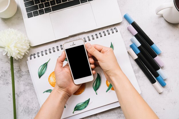 Modern office desk composition with technological device