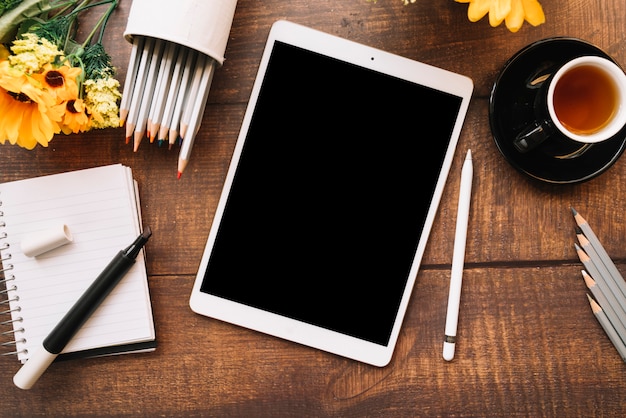 Modern office desk composition with technological device