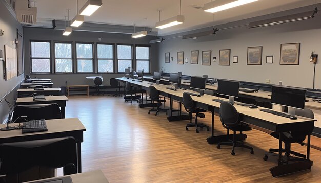 Modern office with empty chairs and computers generated by AI