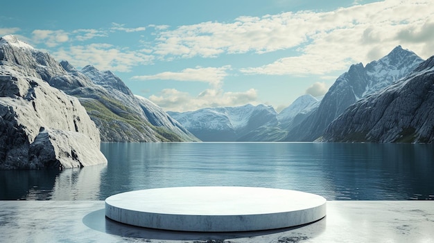 A modern podium for product design against the backdrop of beautiful fjords