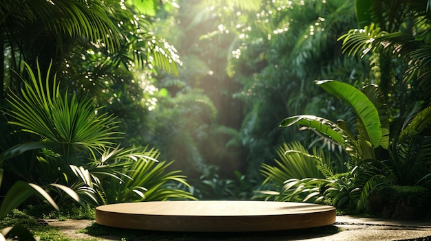 A modern podium for product design against the backdrop of a tropical forest