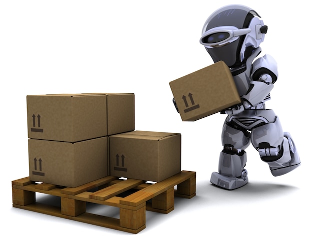 Modern robot with shipping boxes