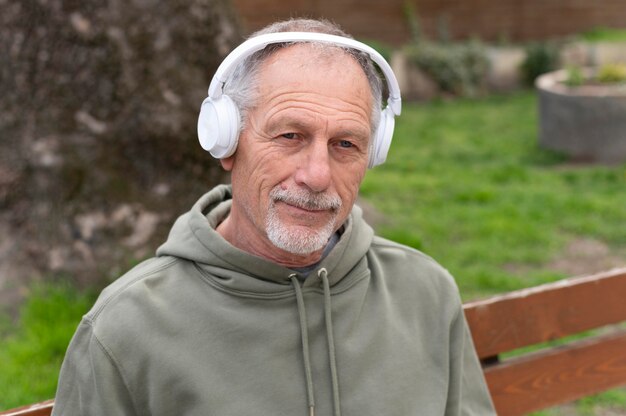 Foto gratuita uomo maggiore moderno che ascolta la musica in una cuffia avricolare