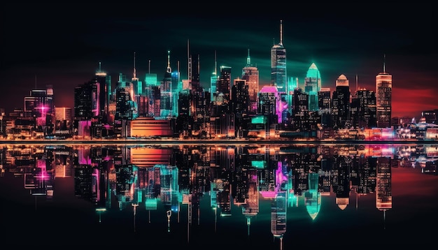Foto gratuita lo skyline moderno riflette la vibrante vita cittadina al tramonto generata dall'intelligenza artificiale
