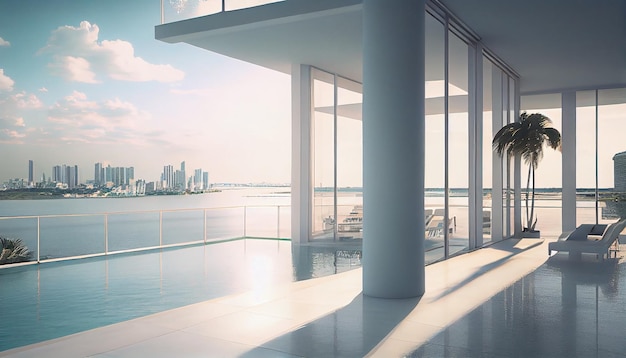 現代の超高層ビルは、ガラス窓生成 AI の青い都市景観を反映します。