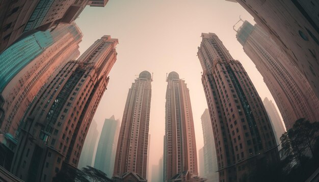 Бесплатное фото Современные небоскребы освещают многолюдную городскую улицу в сумерках, созданных искусственным интеллектом