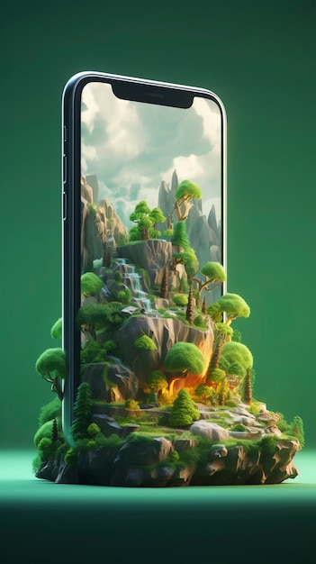Современный смартфон с живыми абстрактными обоями, выходящими из экрана