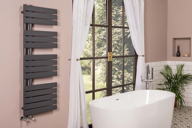 Modern style bathroom with a view of a garden from a window