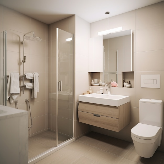 Modern style small bathroom with furnishings